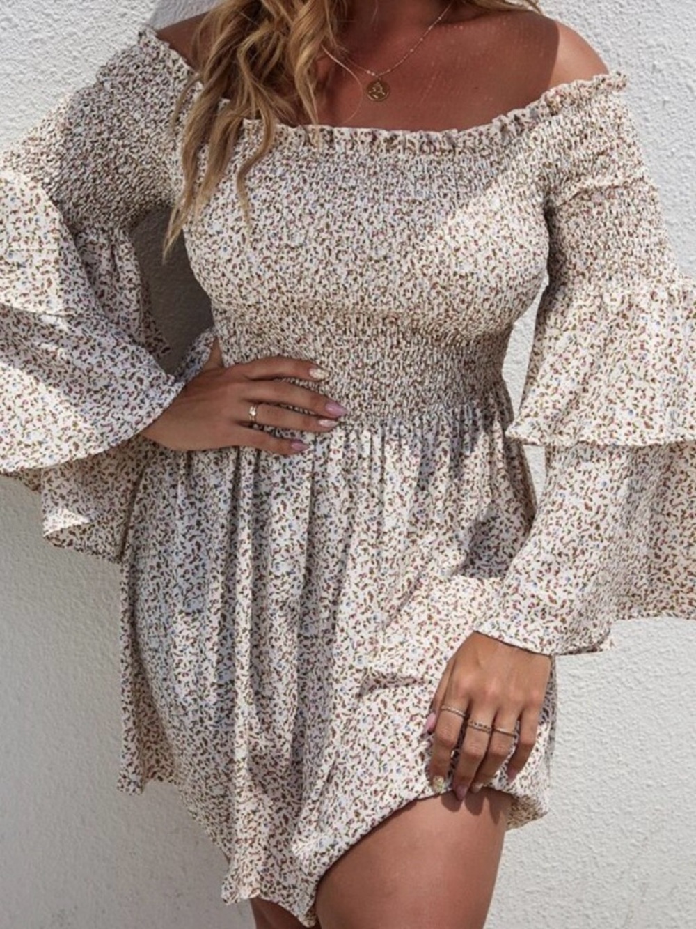Off-Shoulder Cream Floral Smocked Long-Sleeve Dress